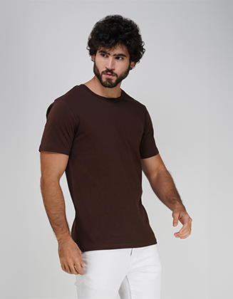 Round Neck Solid T-Shirt 100% Cotton Fabric(Dark Brown)
